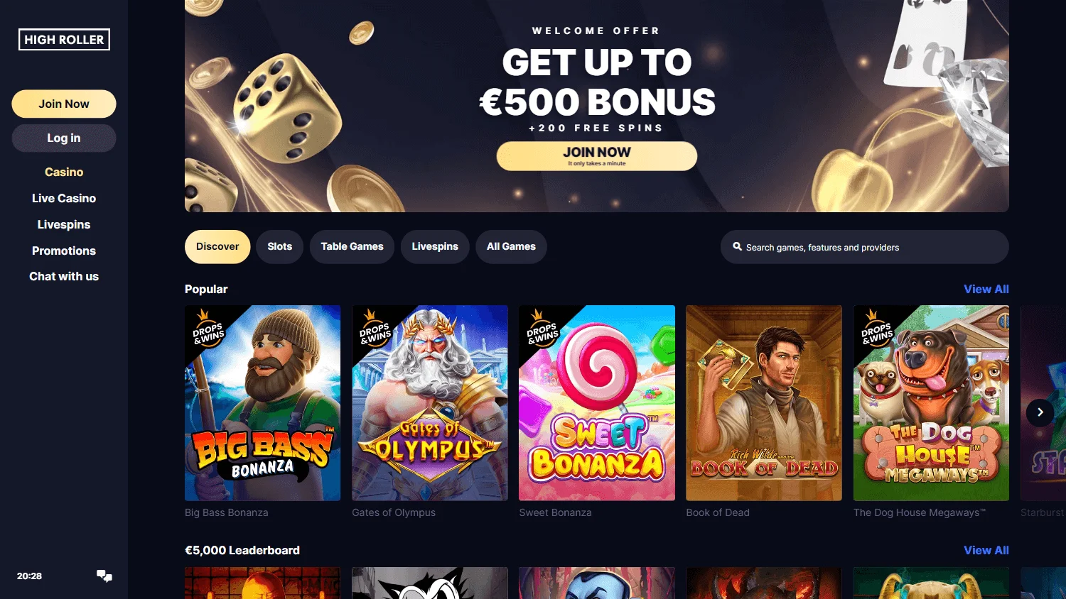 High Roller Casino games area on desktop