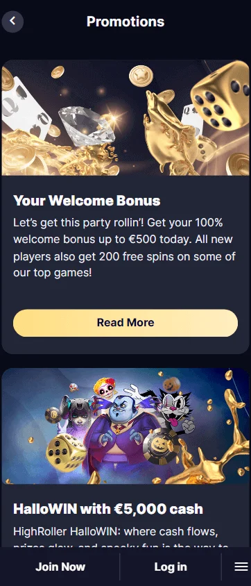High Roller Casino promotions area on a mobile device