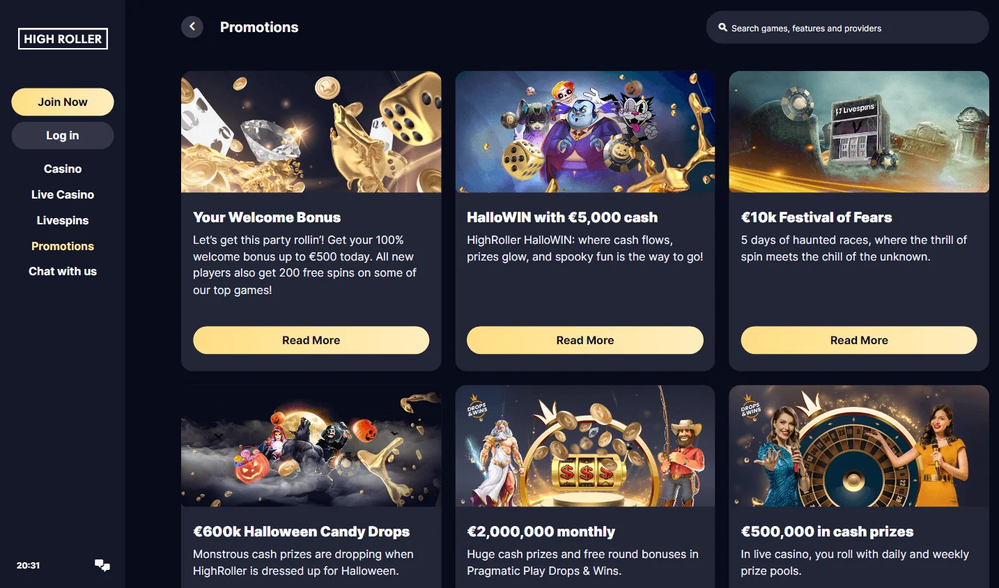 High Roller Casino promotions area on desktop
