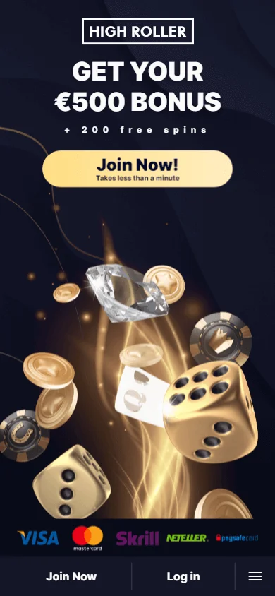 High Roller Casino home area on a mobile device