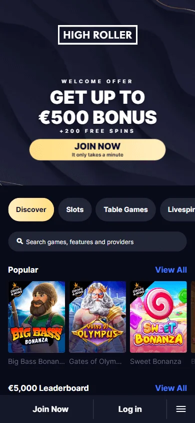 High Roller Casino games area on a mobile device